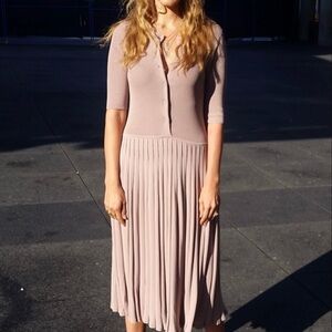 Aritzia Rose Dusty Pink Button-Front Pleated Midi Dress